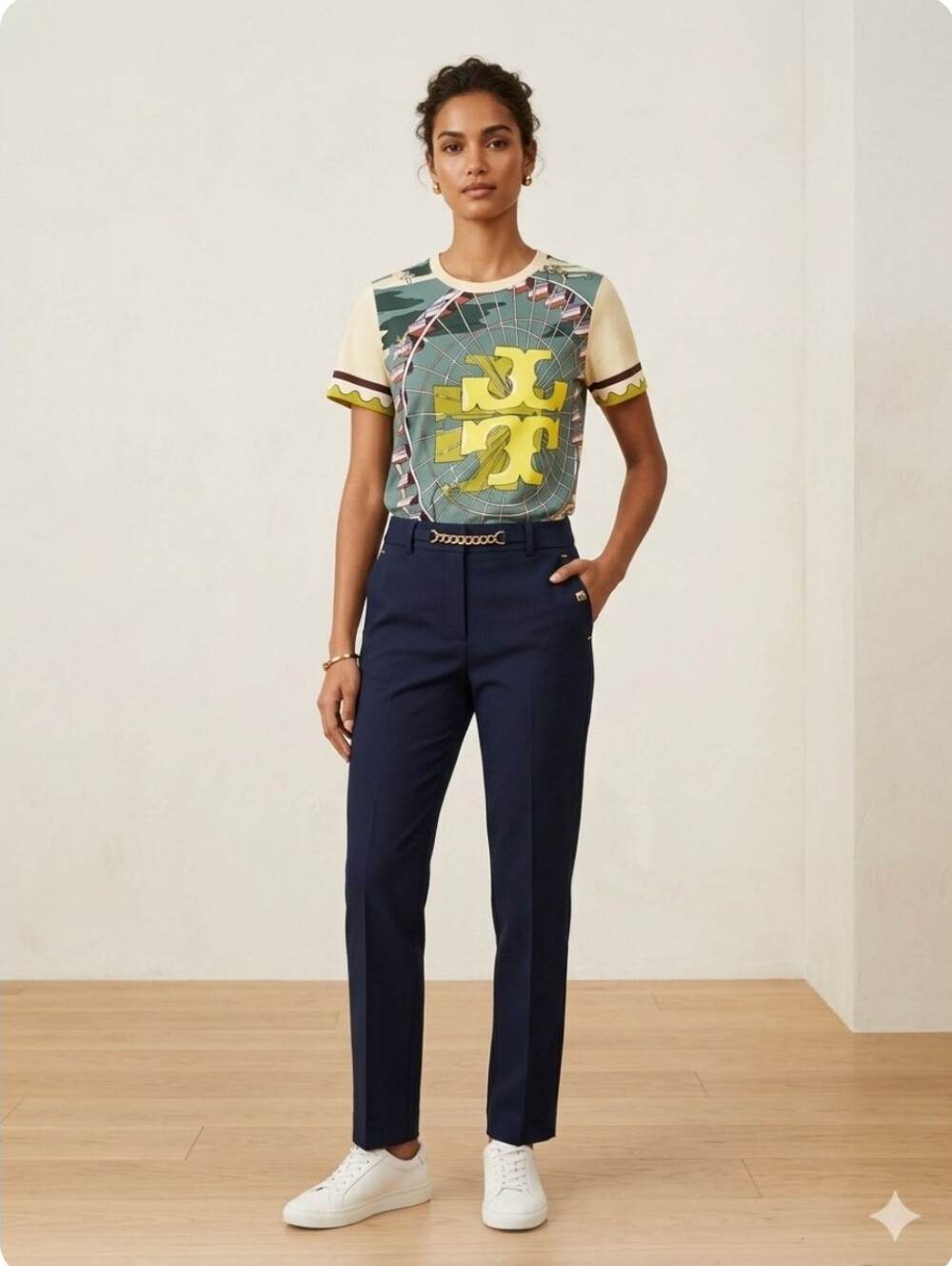 Tory Burch Graphic Short Sleeve Tee in Teal, Yellow & Cream